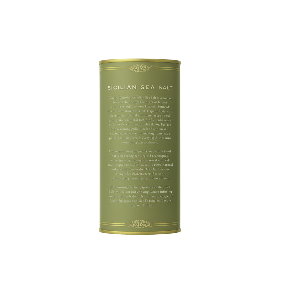 Green cylindrical container of Sicilian sea salt on a white background