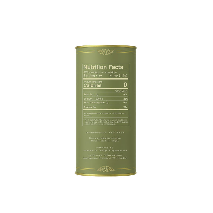 Green SEA SALT canister with nutrition facts label on a white background