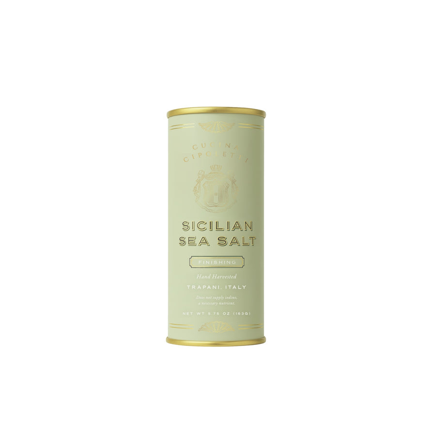 Canister of Sicilian Sea Salt on a white background